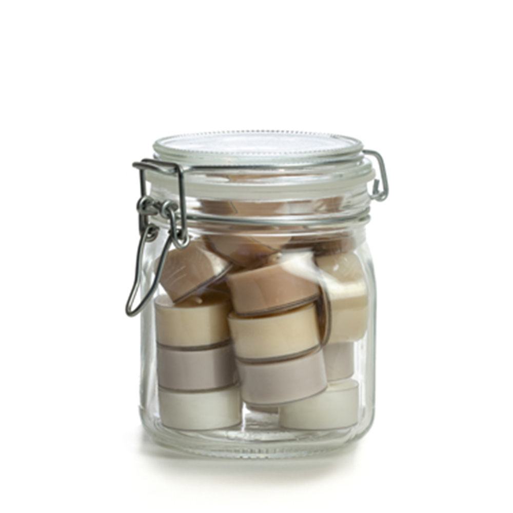rustiklys-teelichter-neutral Bunte Teelichter im Weckglas - neutral