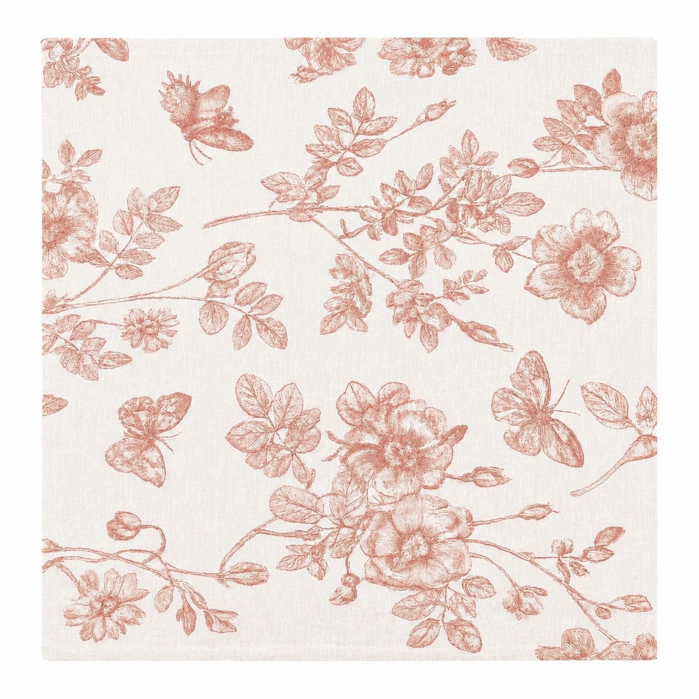 Leinentischdecke French Countryside Rosewood – florales Muster mit Schmetterlingen Detailaufnahme einer French countryside Leinentischdecke mit floralem Toile-de-Jouy-Muster in Rosewood und Schmetterlingsmotiven.